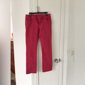 Red stretch jeans.